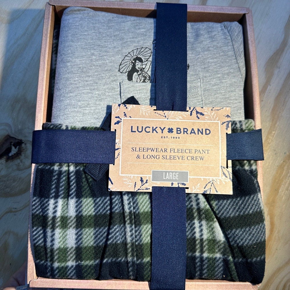 Lucky Brand Mens Large Gray Hula Graphic Long Sleeve & Green Plaid Fleece PJ Set
